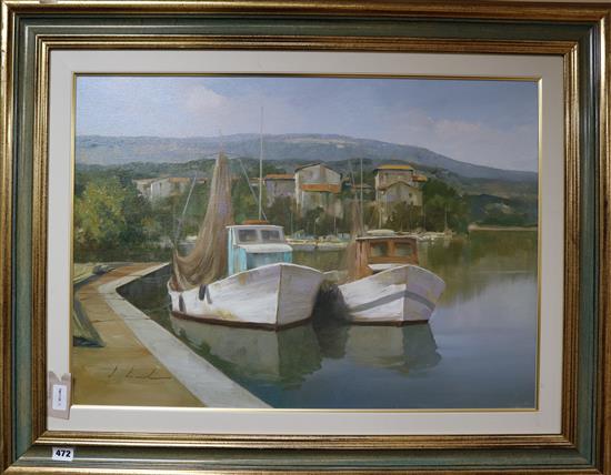 Spartaco Lombardo (Italian b. 1958), oil on canvas, fishing boats in a harbour, signed, 48 x 69cm